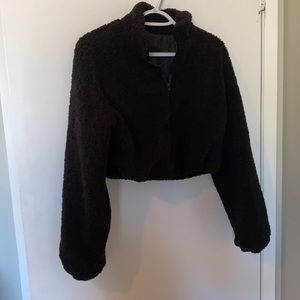 Black fuzzy Zip up Cropped Jacket
